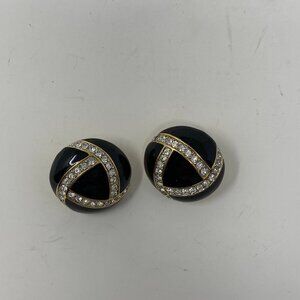 vintage st john round black enamel & rhinestone clip on earrings